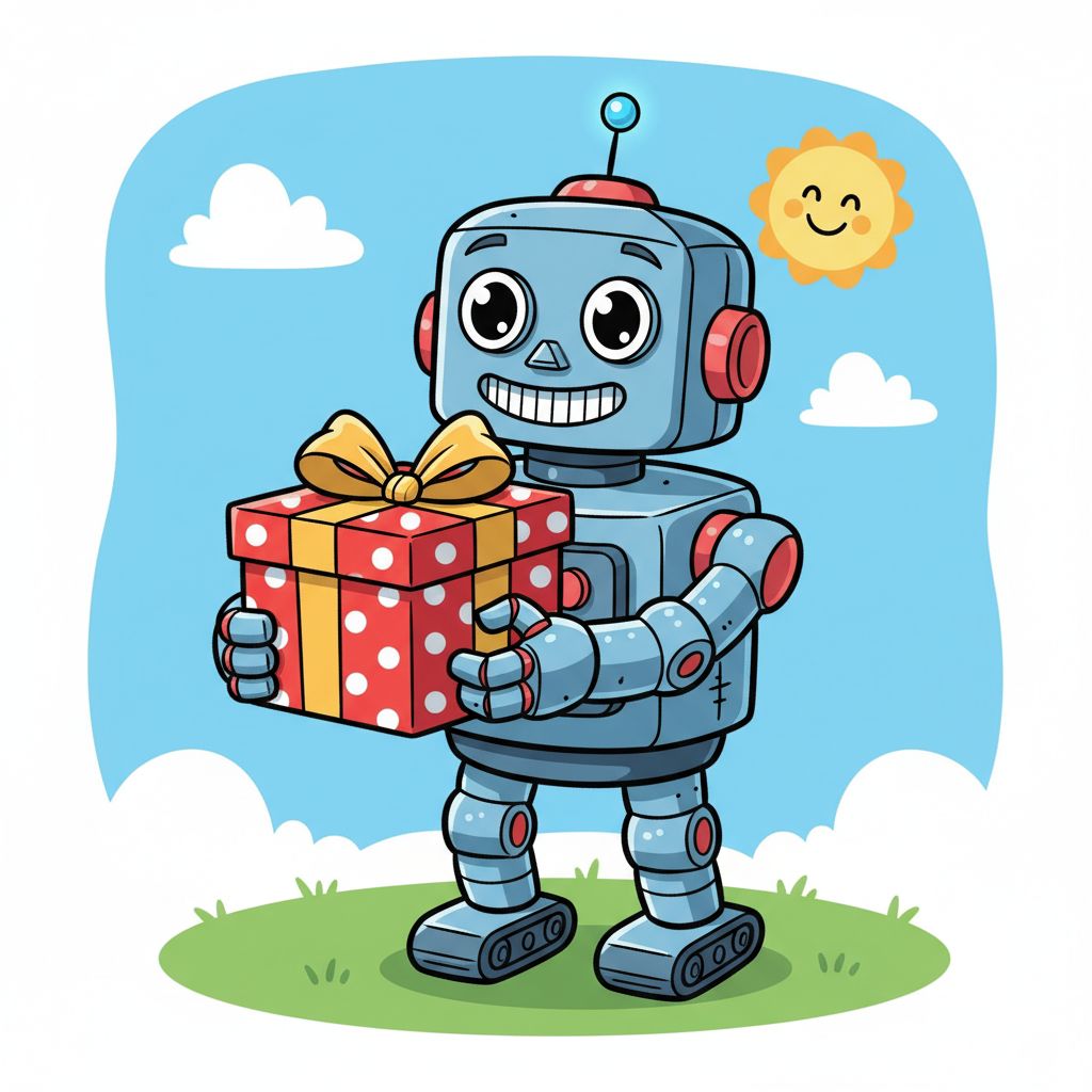 Cartoon robot holding a gift